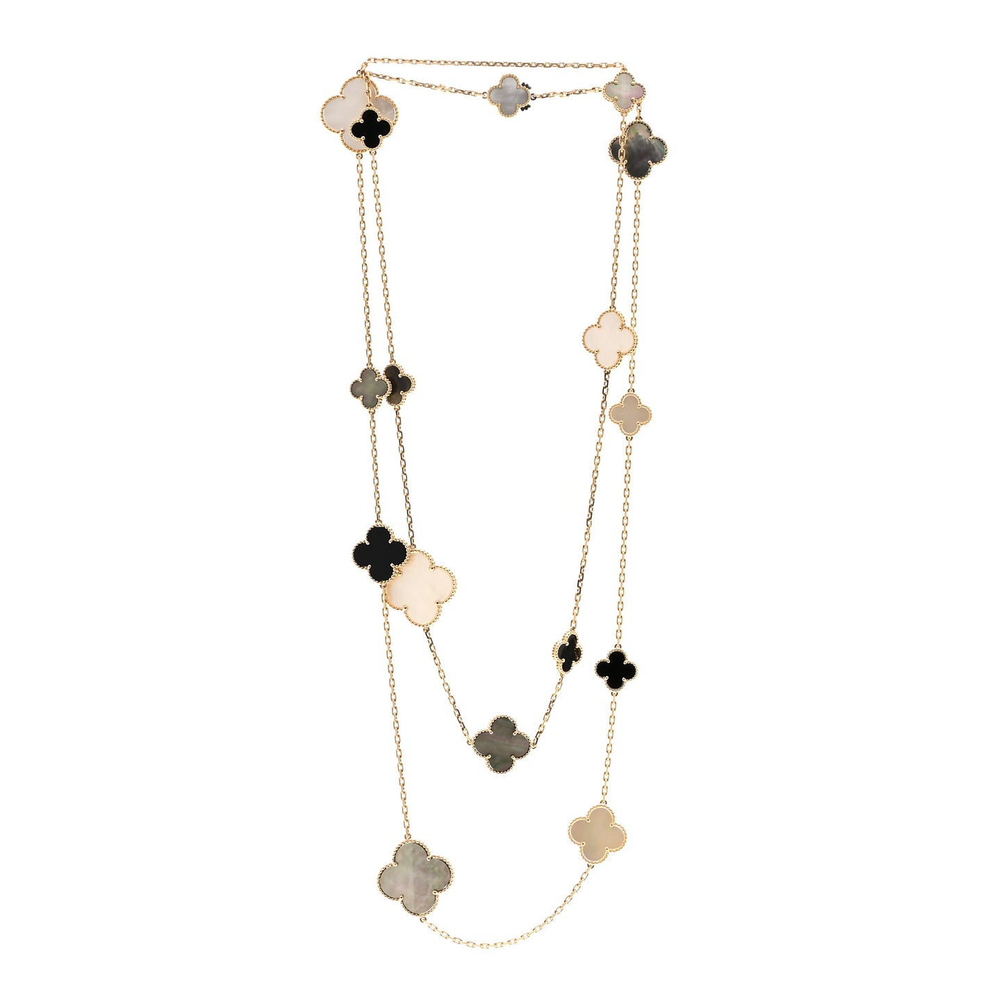 18K Yellow Gold Onyx Mother of Pearl 16 Motifs Magic Alhambra Necklace