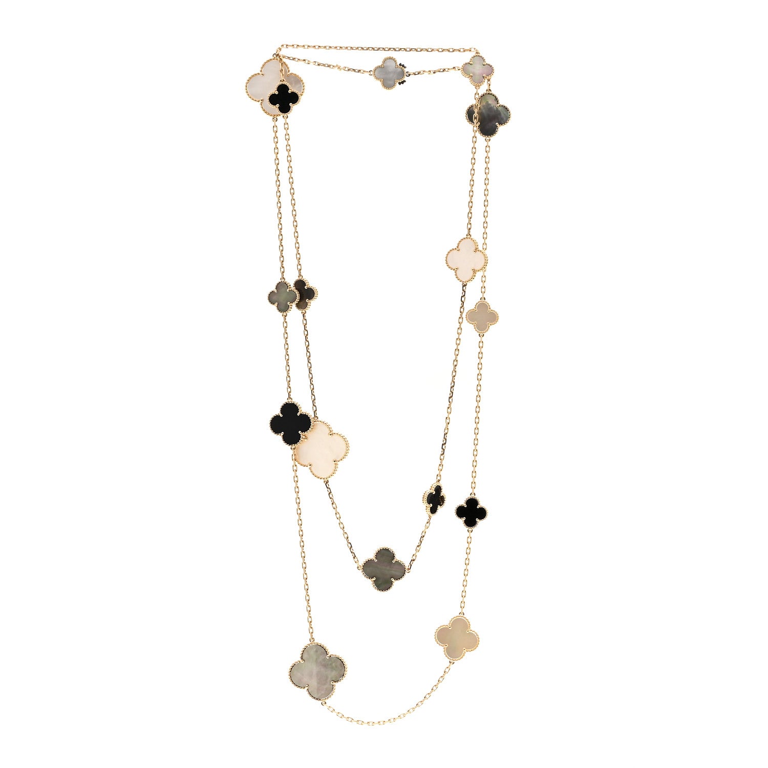 Van Cleef & Arpels 18K Yellow Gold Onyx Mother of Pearl 16 Motifs Magic Alhambra Necklace 3 of 5
