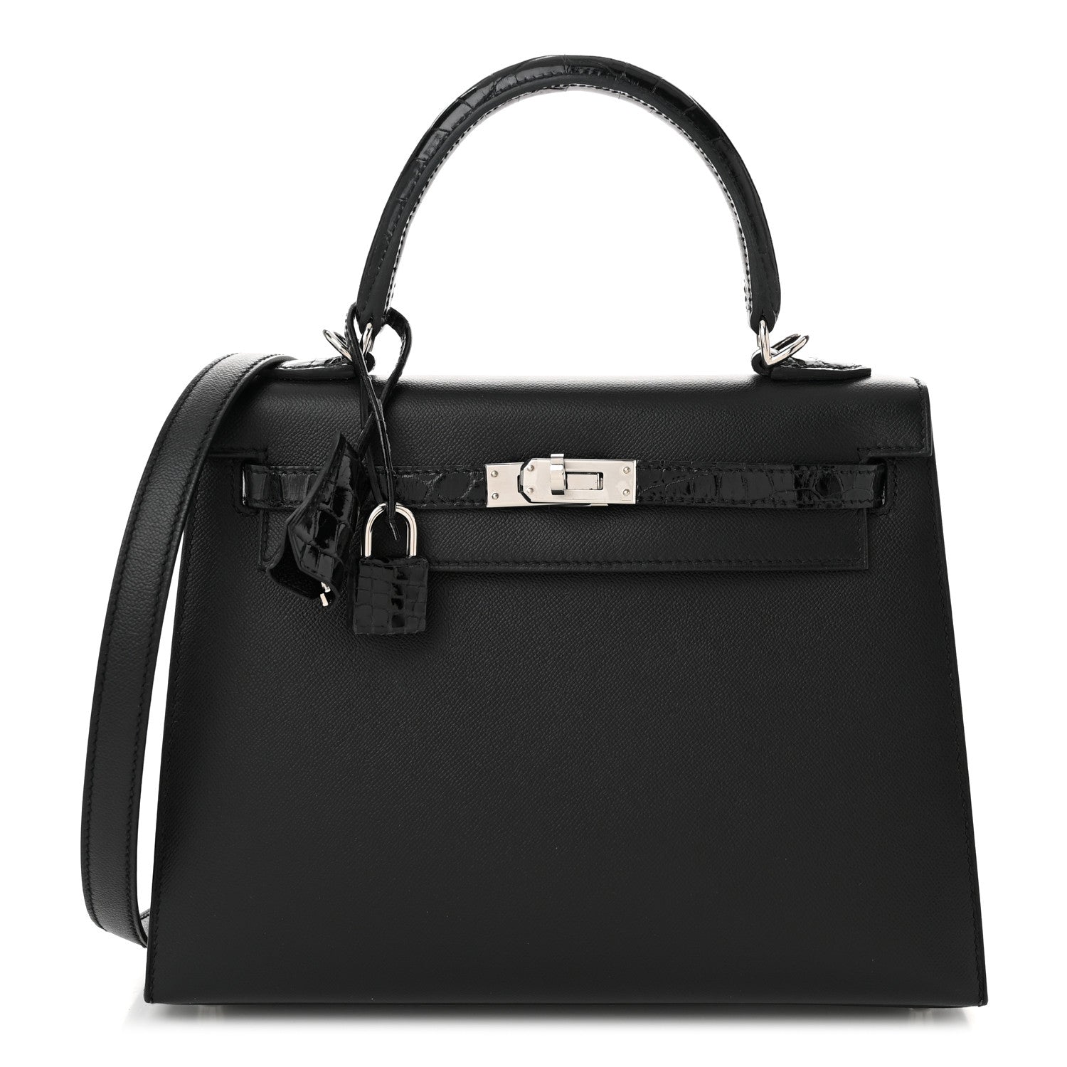 Hermes Madame Calfskin Shiny Niloticus Crocodile Kelly Sellier Touch 25 Black 1 of 11
