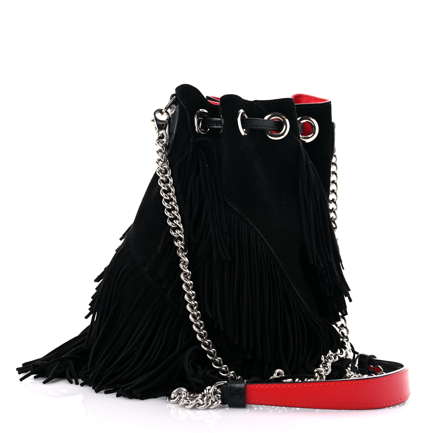 Christian Louboutin Suede Calfskin Fringe Marie Jane Bucket Black 2 of 8