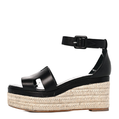 Hermes Goatskin Elda Espadrille Wedge Sandals 37 Black 1 of 9