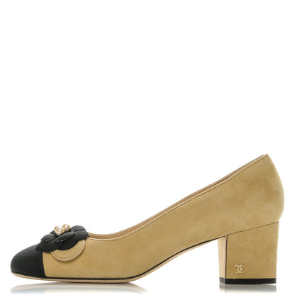Chanel Suede Pearl Camellia Pumps 39.5 Beige Black 1 of 9