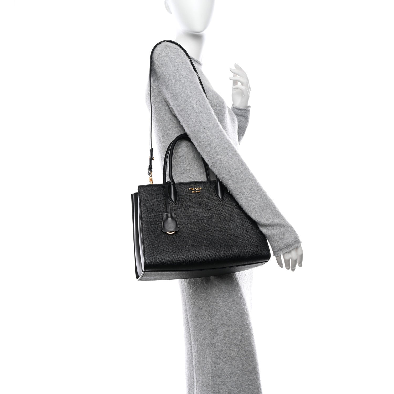 Prada Saffiano Cuir Calfskin Large Double Handle Bag Black Fuoco 2 of 10