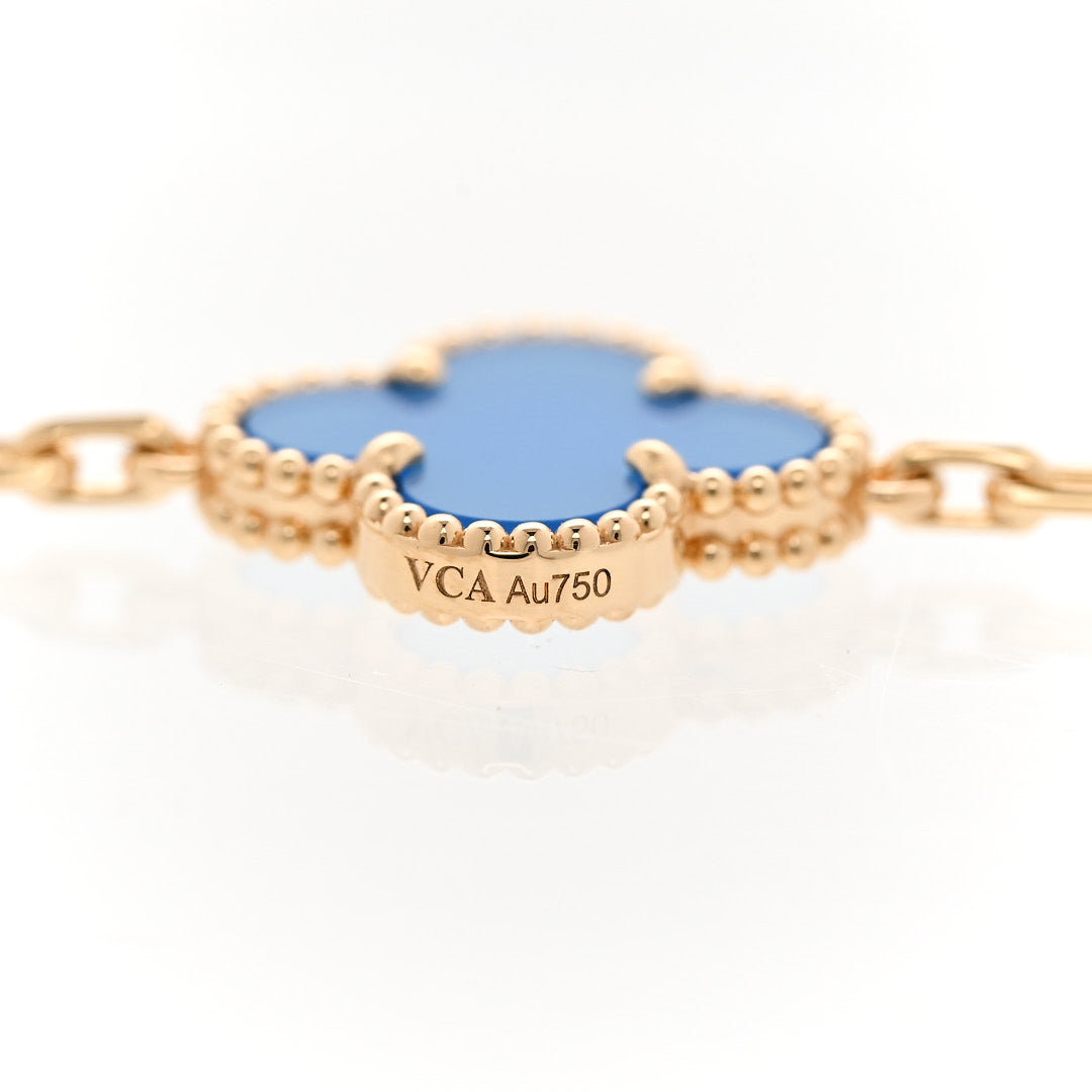 18K Yellow Gold Blue Agate 10 Motifs Vintage Alhambra Necklace