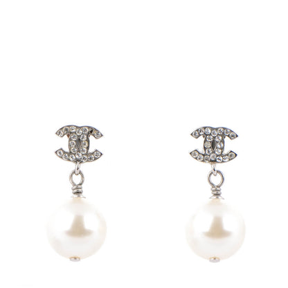 Chanel Crystal Pearl CC Drop Earrings Silver 1 of 6