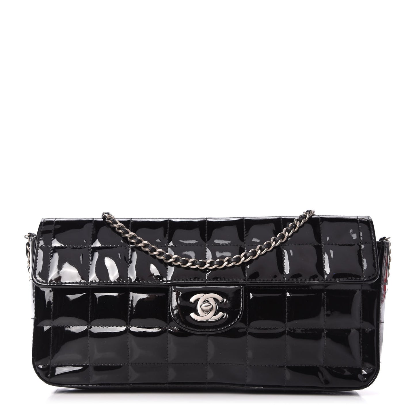 Patent Quilted East West Chocolate Bar Flap Black
