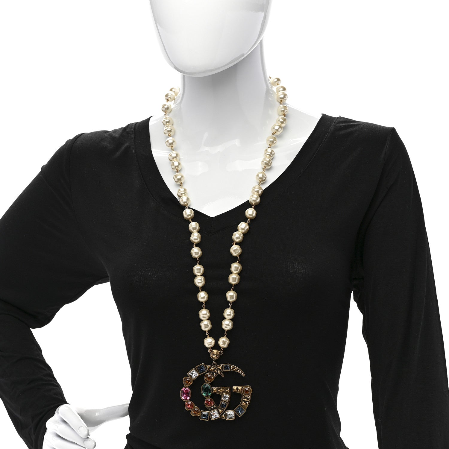 Gucci Crystal Pearl Marmont Necklace Aged Gold Multicolor 2 of 6