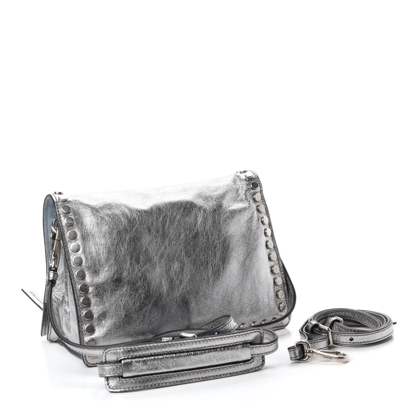 Metallic Glace Calfskin Studded Etiquette Flap Silver
