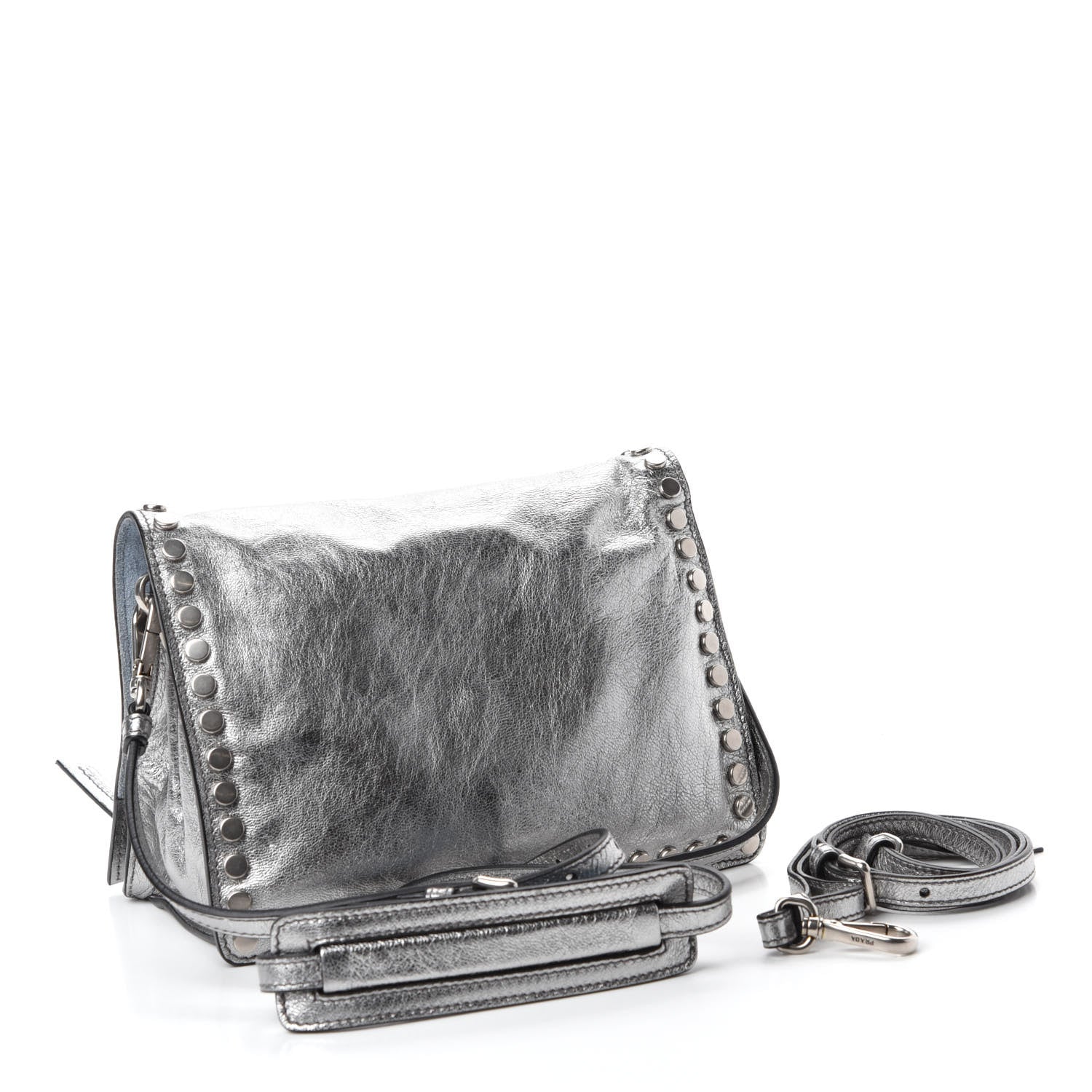 Prada Metallic Glace Calfskin Studded Etiquette Flap Silver 3 of 11