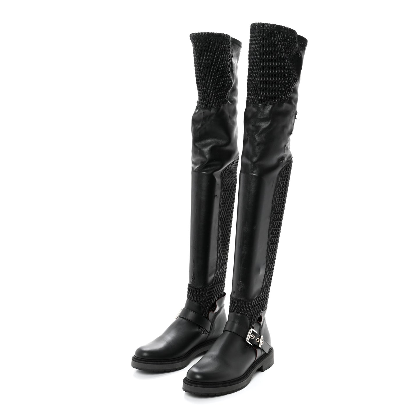 Calfskin Stretch Fabric Wave Over The Knee Boots 36 Black