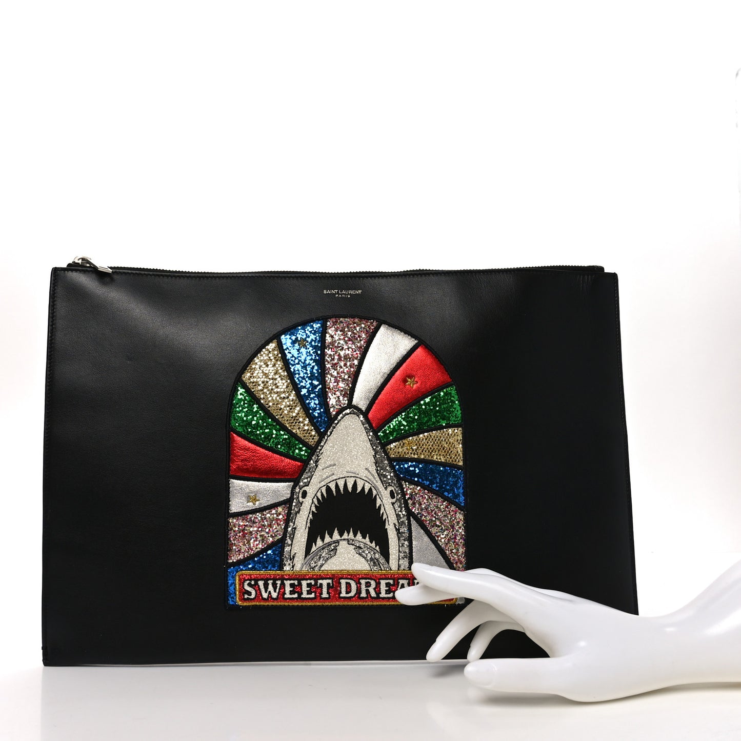 Calfskin Sweet Dreams Shark Zipped Pouch Black