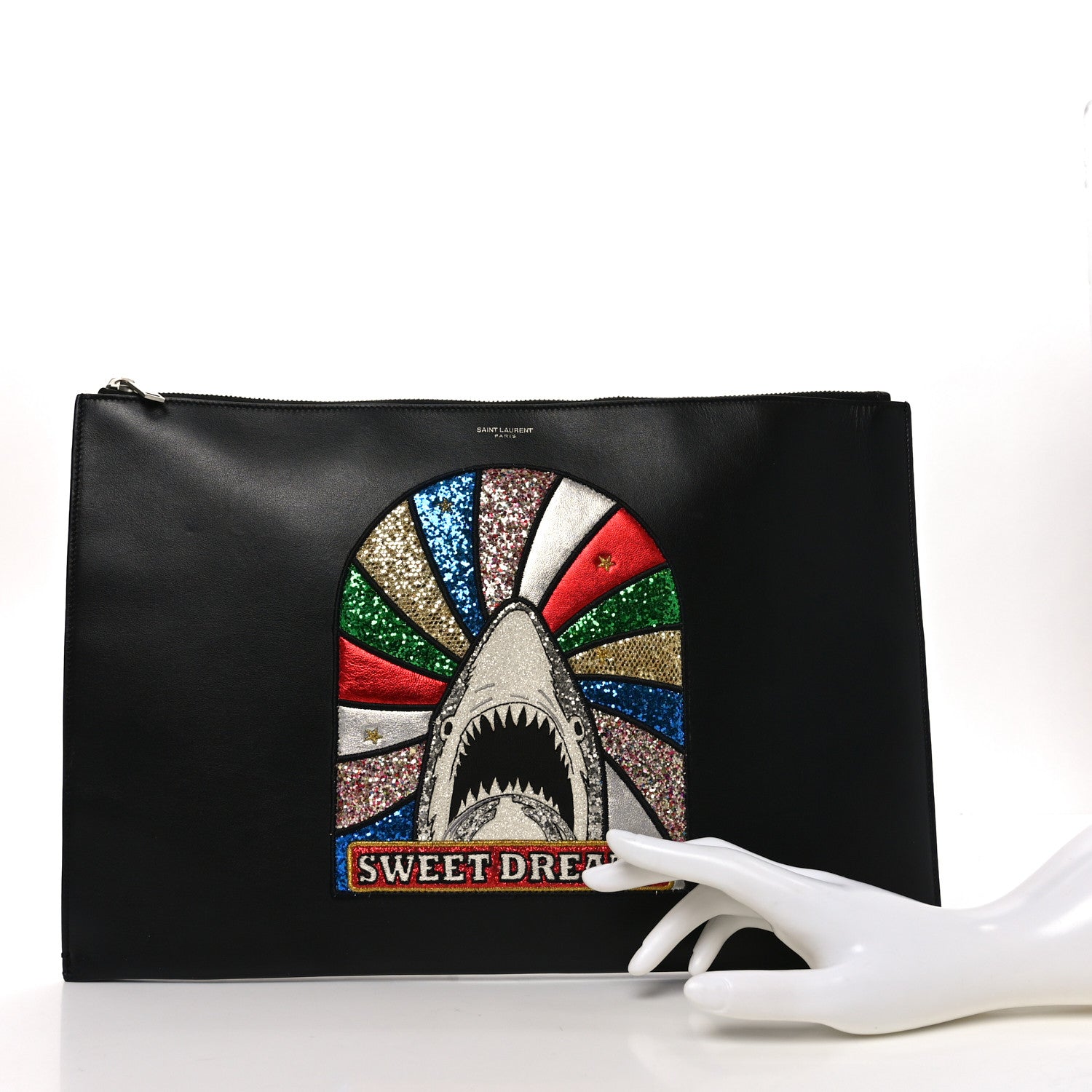 Saint Laurent Calfskin Sweet Dreams Shark Zipped Pouch Black 2 of 10