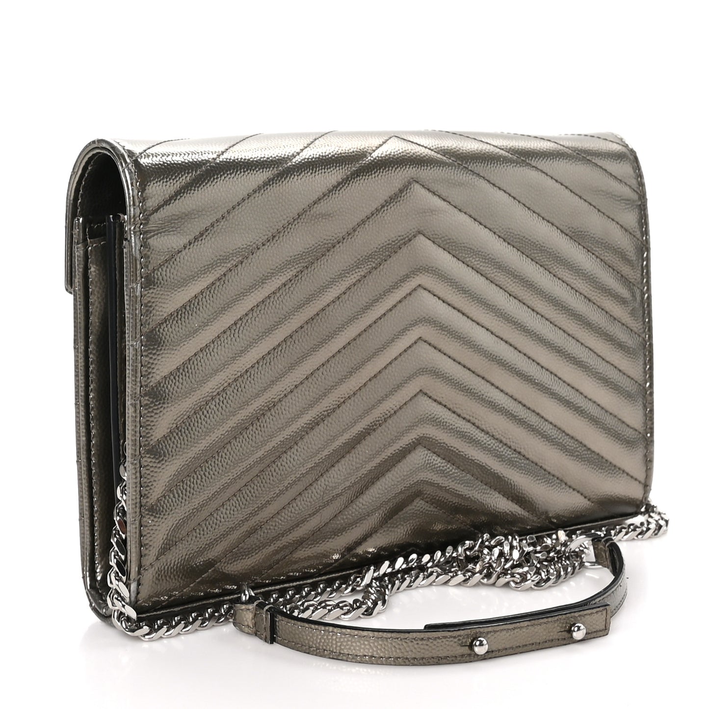 Metallic Grain De Poudre Matelasse Chevron Monogram Envelope Chain Wallet Piombo