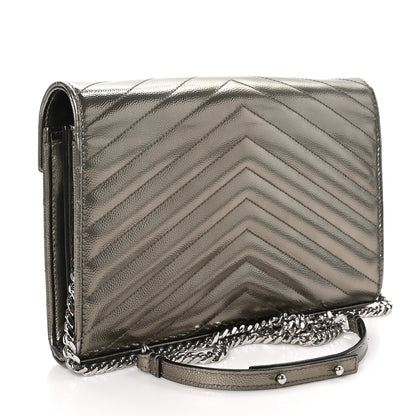 Saint Laurent Metallic Grain De Poudre Matelasse Chevron Monogram Envelope Chain Wallet Piombo 2 of 13