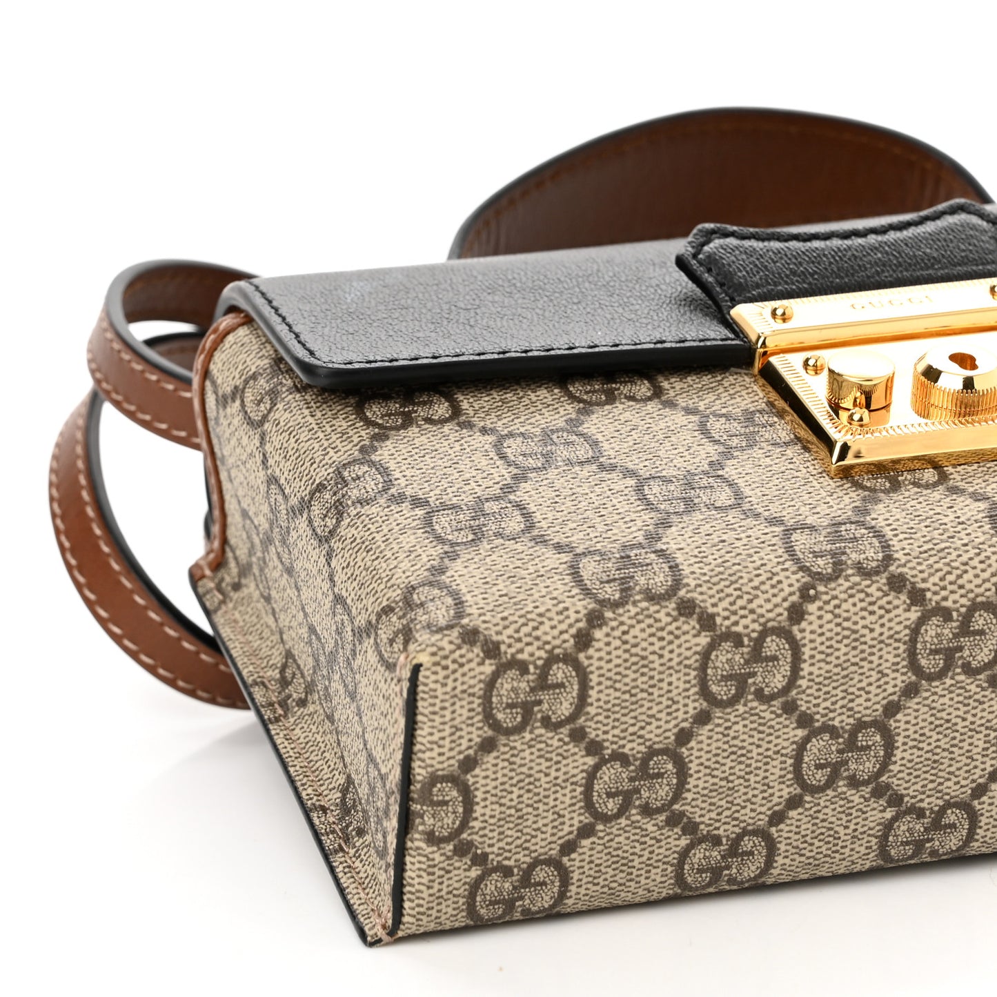 GG Supreme Monogram Calfskin Mini Padlock Top Handle Shoulder Bag Beige Black Cuir