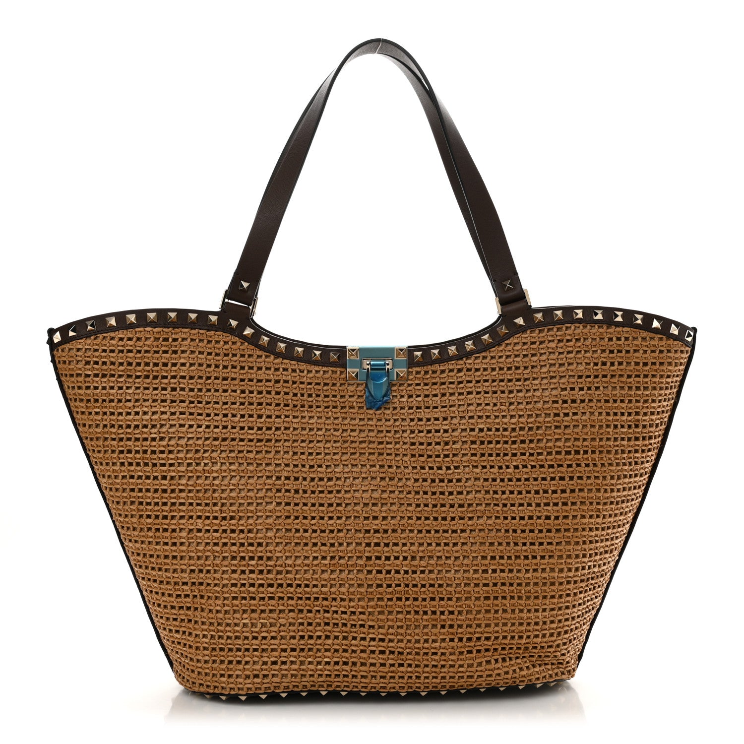 Valentino Garavani Synthetic Raffia Calfskin Rockstud Garden Tote Bag Tobacco Cacao 1 of 9