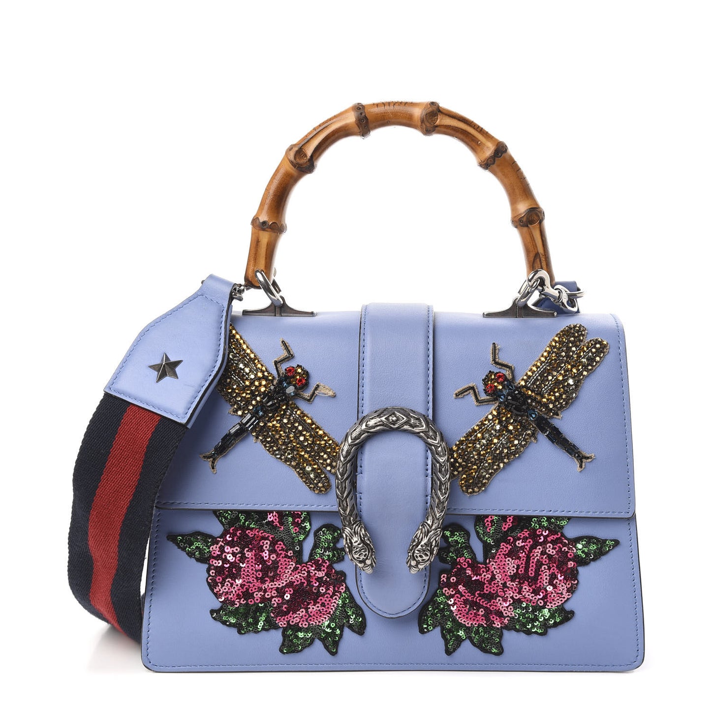 Calfskin Bamboo Web Embroidered Medium Dionysus Top Handle Bag Light Blue
