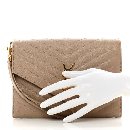 Saint Laurent Grain De Poudre Matelasse Chevron Monogram Envelope Clutch Dark Beige 2 of 8