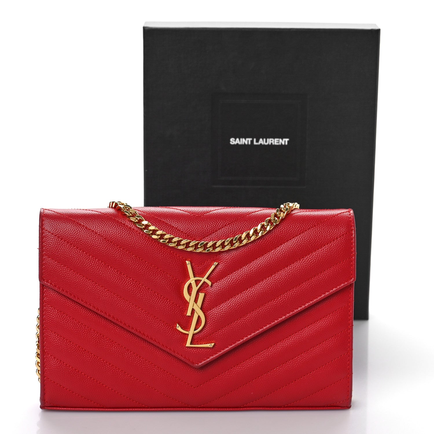 Saint Laurent Grain De Poudre Matelasse Chevron Monogram Chain Wallet New Red 9 of 9