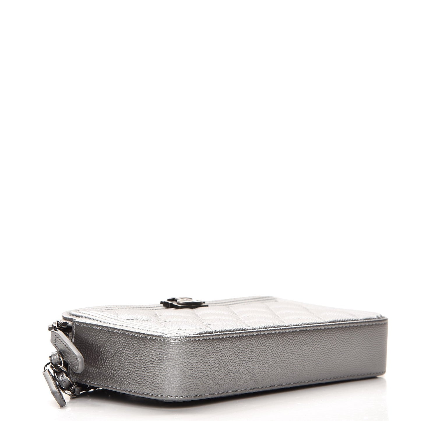 Metallic Caviar Quilted Small Boy Clutch With Chain Silver