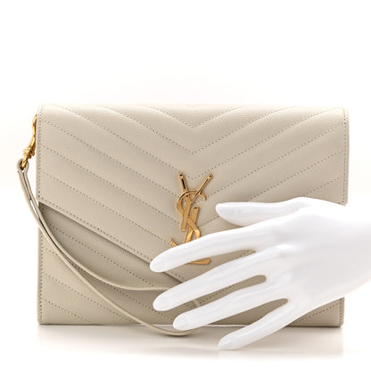 Saint Laurent Grain De Poudre Matelasse Chevron Monogram Envelope Clutch Crema Soft 2 of 8