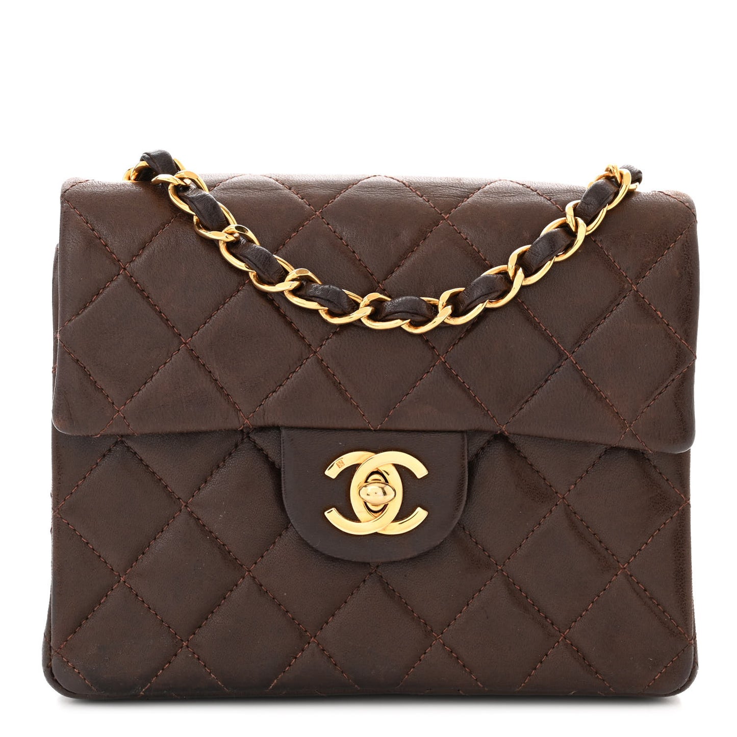 Lambskin Quilted Mini Square Flap Bag Dark Brown