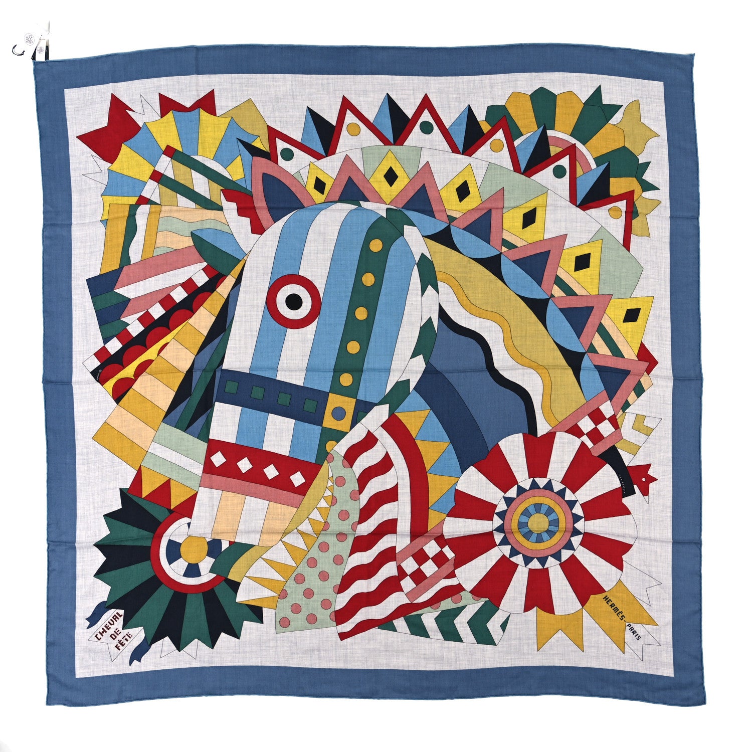 Hermes Cashmere Silk Cheval De Fete Shawl 140 Gris Chine Bleu Jaune Vif Multicolor 1 of 3