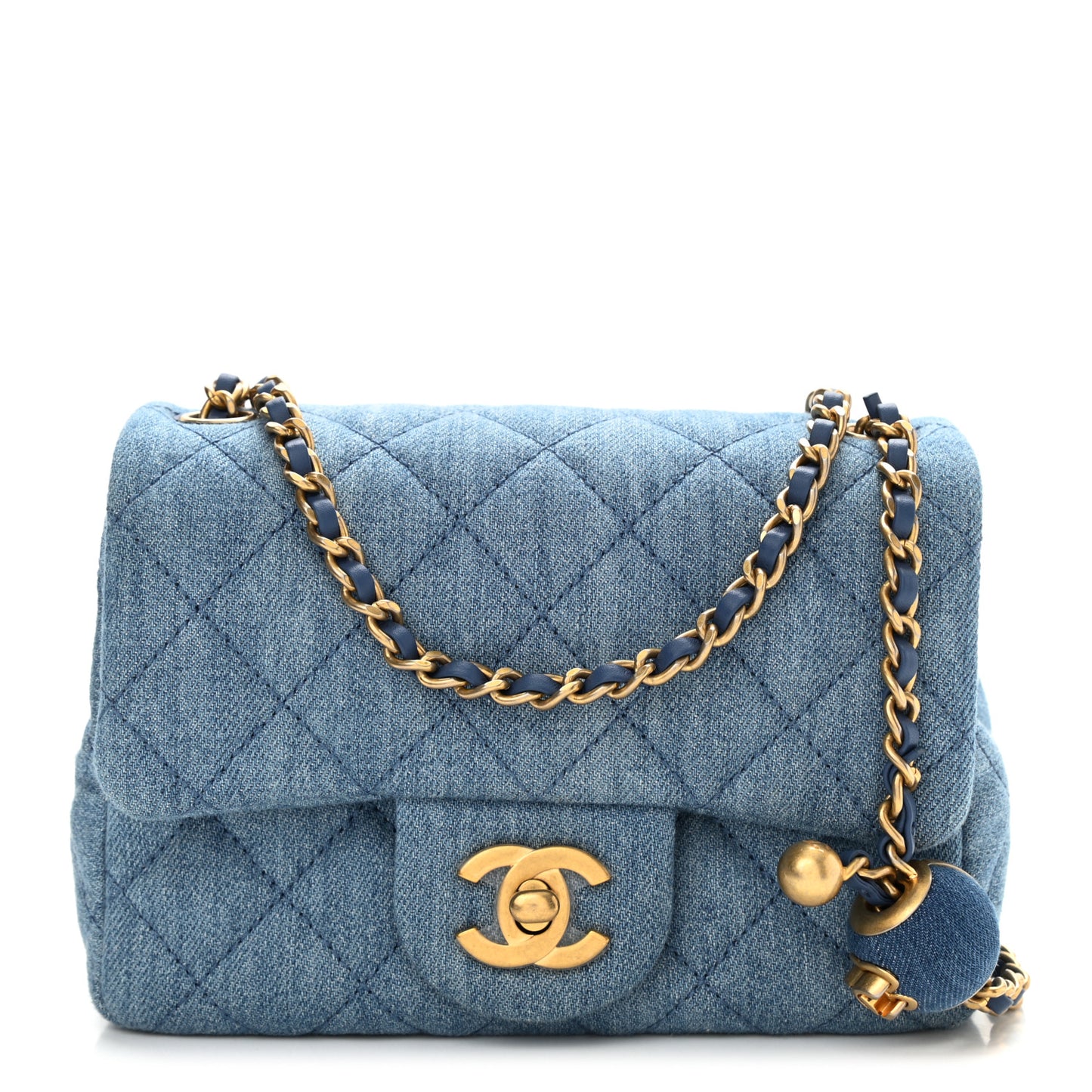 Denim Quilted Mini Pearl Crush Flap Blue