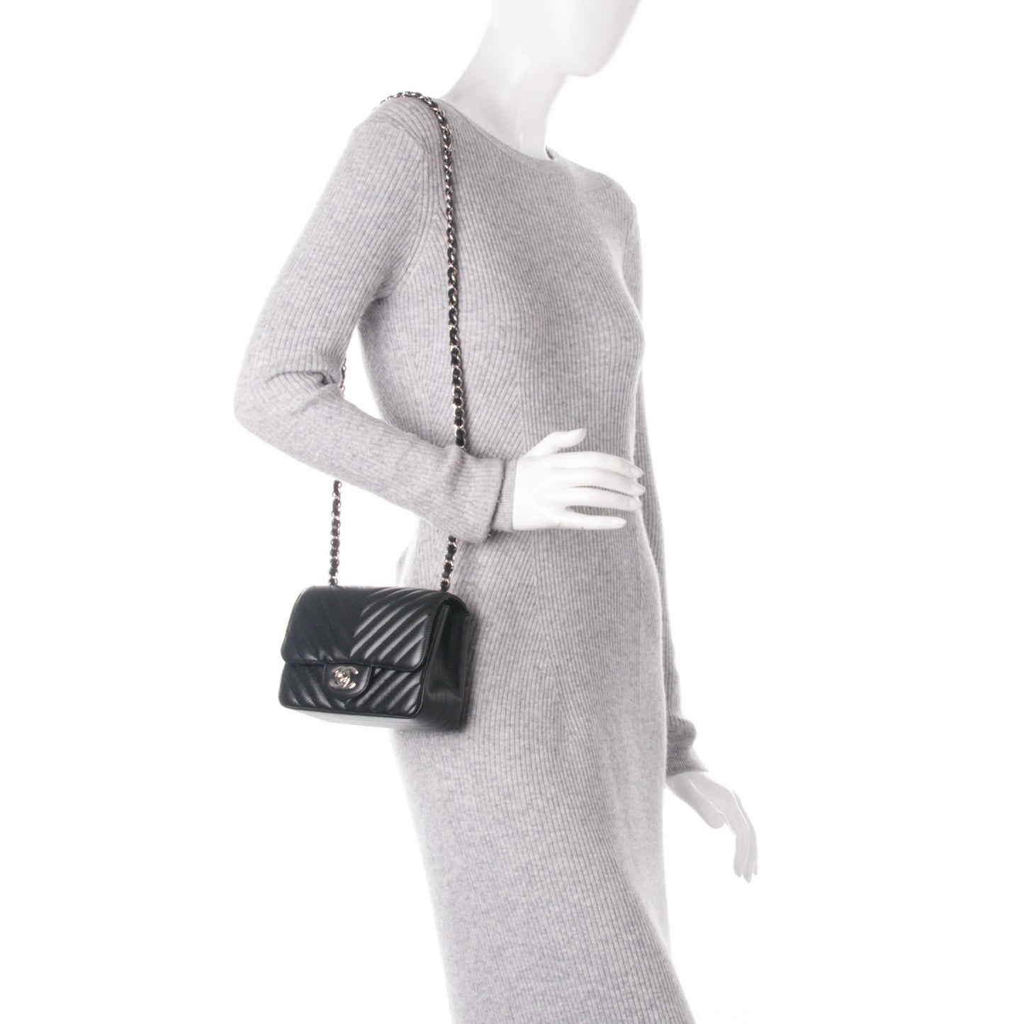 Caviar Chevron Quilted Mini Square Flap Black