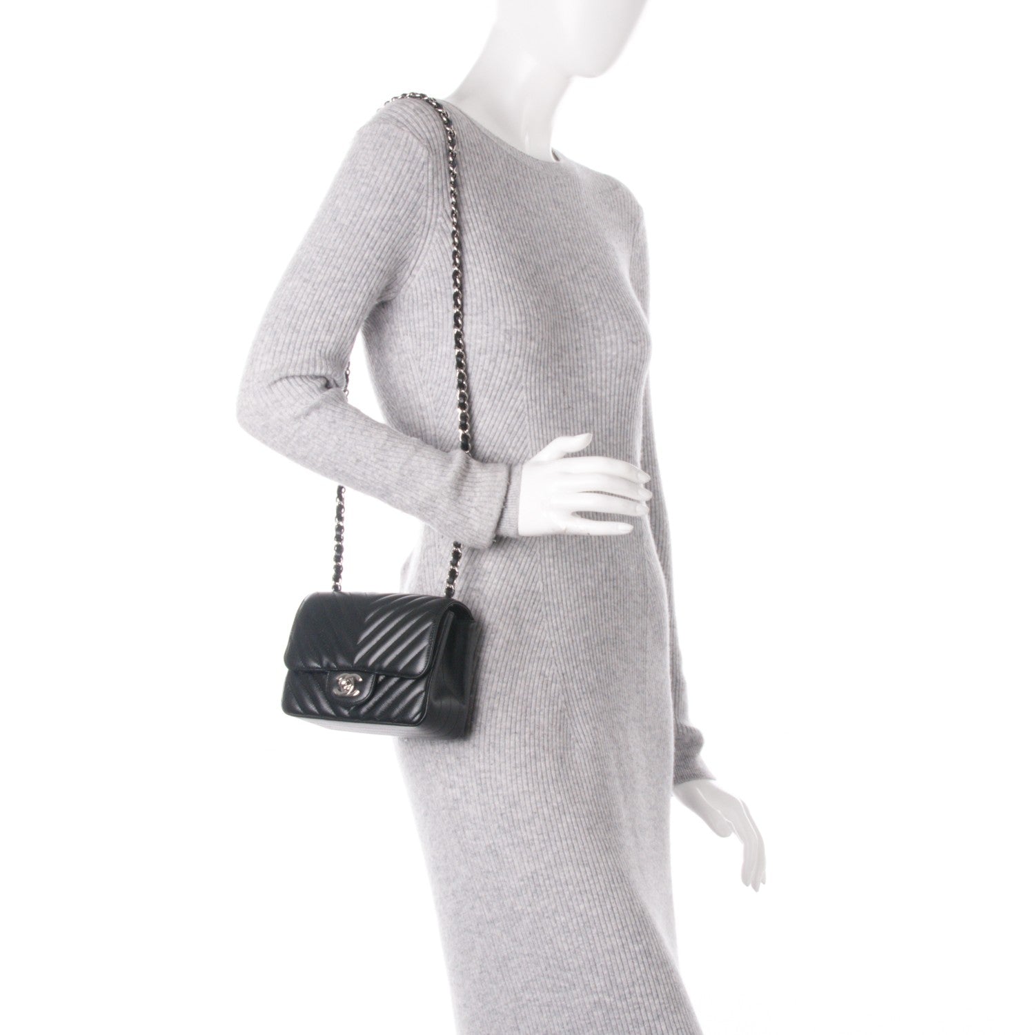 Chanel Caviar Chevron Quilted Mini Square Flap Black 2 of 7