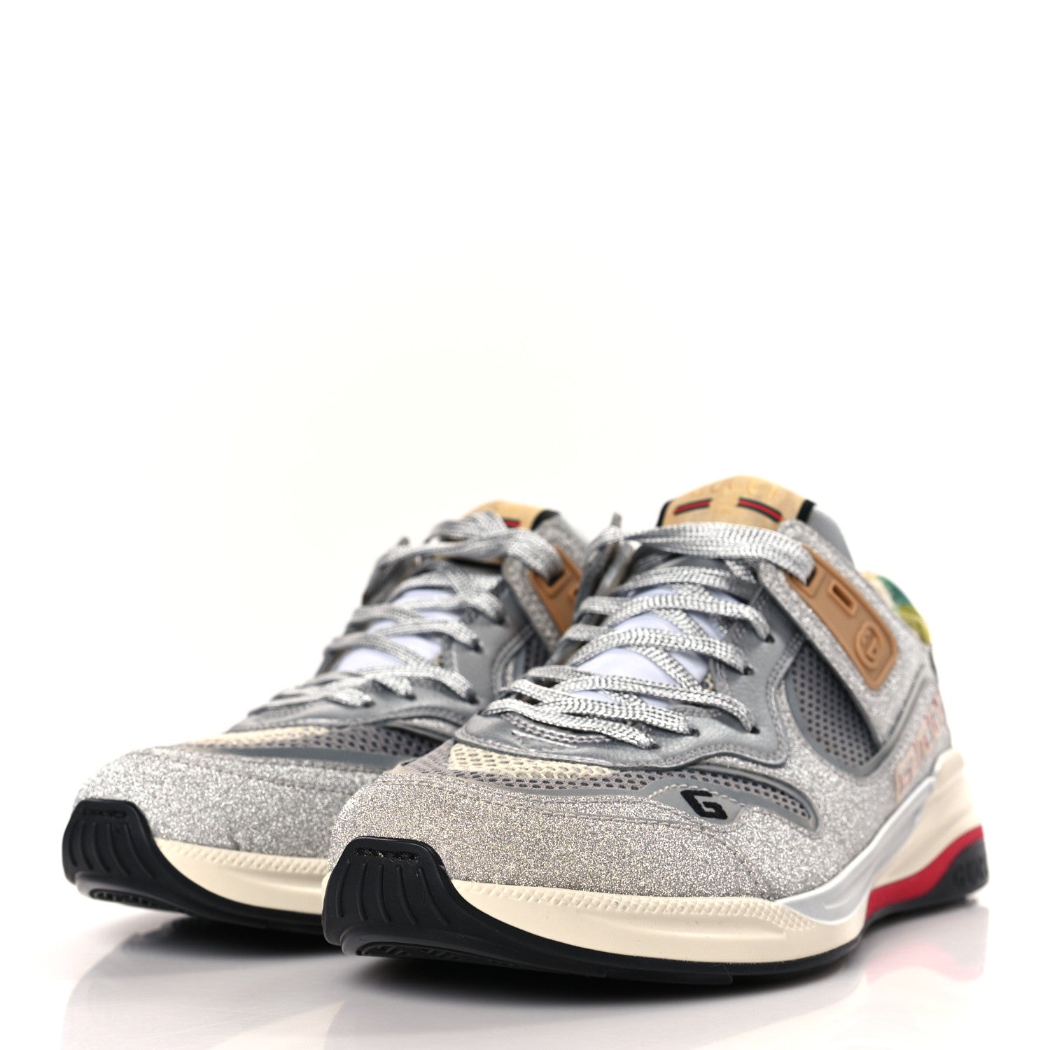 Gucci Metallic Calfskin Glitter Mesh Womens Ultrapace Sneakers 38 Silver Light Grey Mystic White 3 of 6