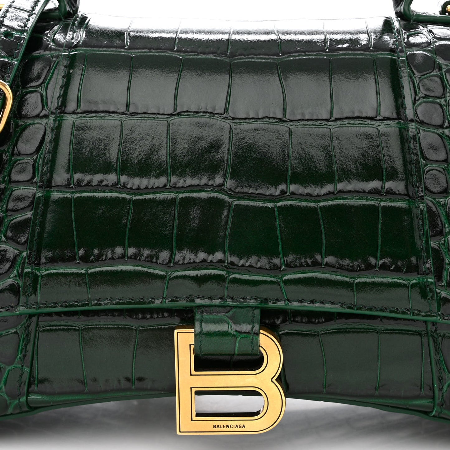 Shiny Calfskin Crocodile Embossed Small Hourglass Top Handle Bag Forest Green