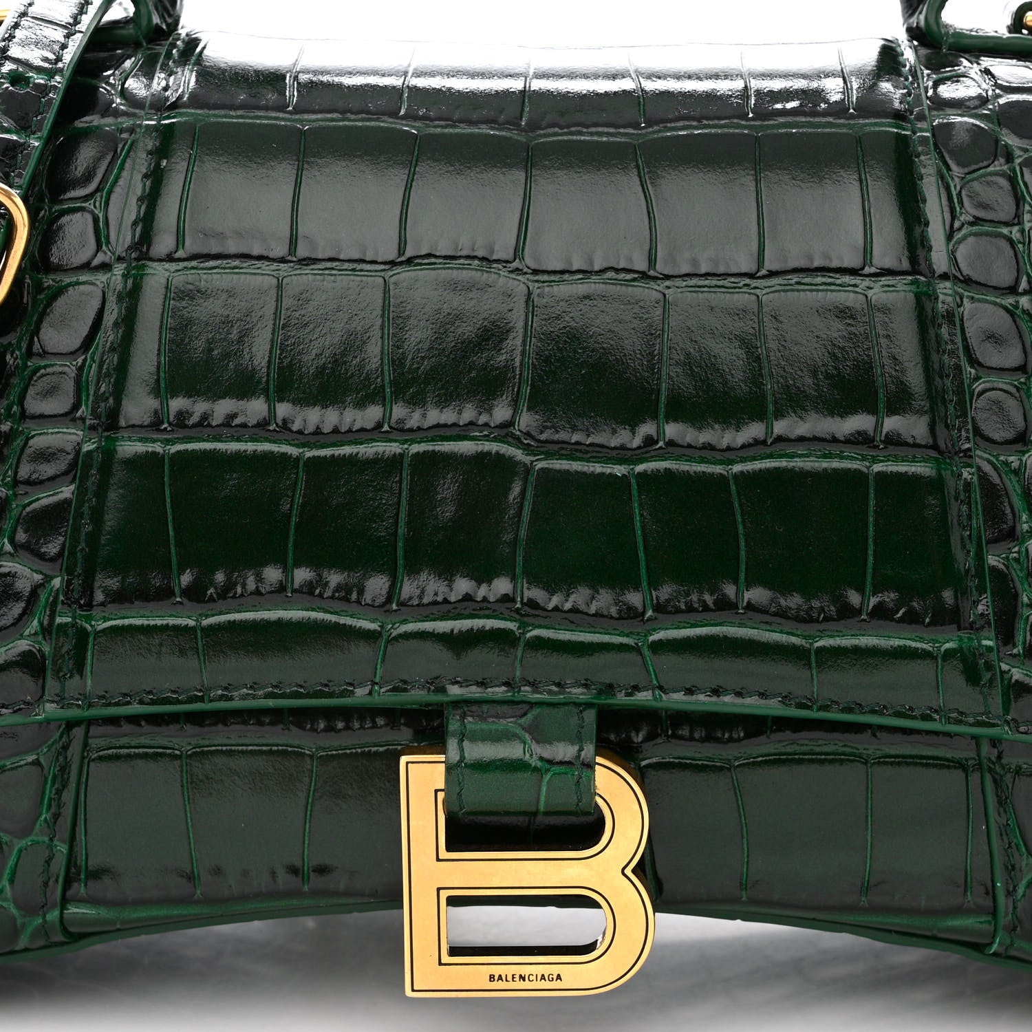 Balenciaga Shiny Calfskin Crocodile Embossed Small Hourglass Top Handle Bag Forest Green 9 of 11