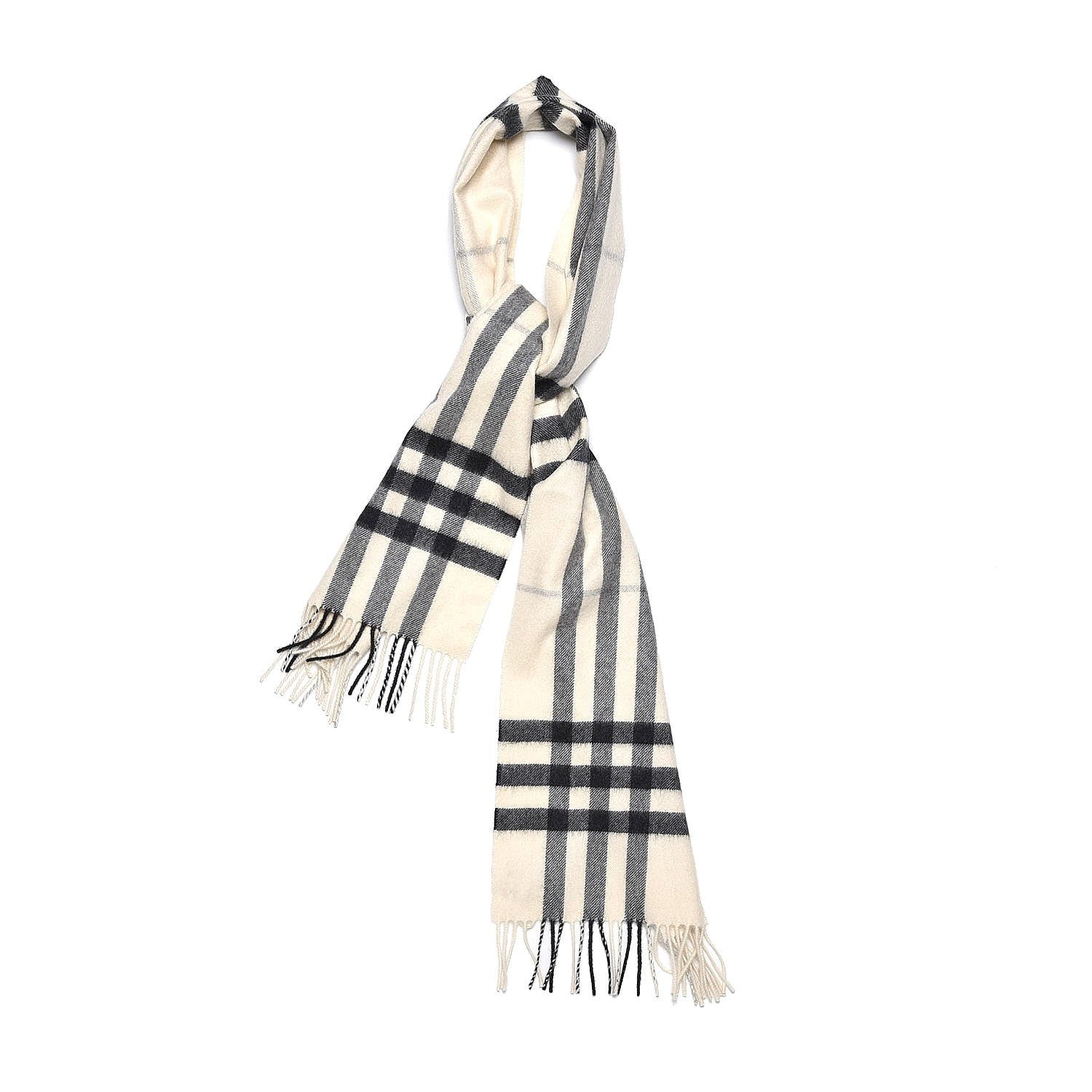 Burberry Cashmere Giant Check Fringe Scarf Natural White 1 of 3