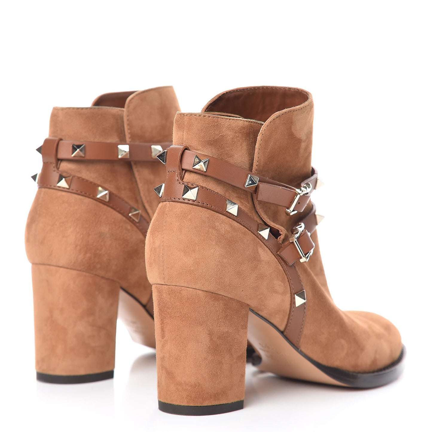 Suede Rockstud Double Buckle 70mm Block Heel Ankle Boots 38.5 Tobacco