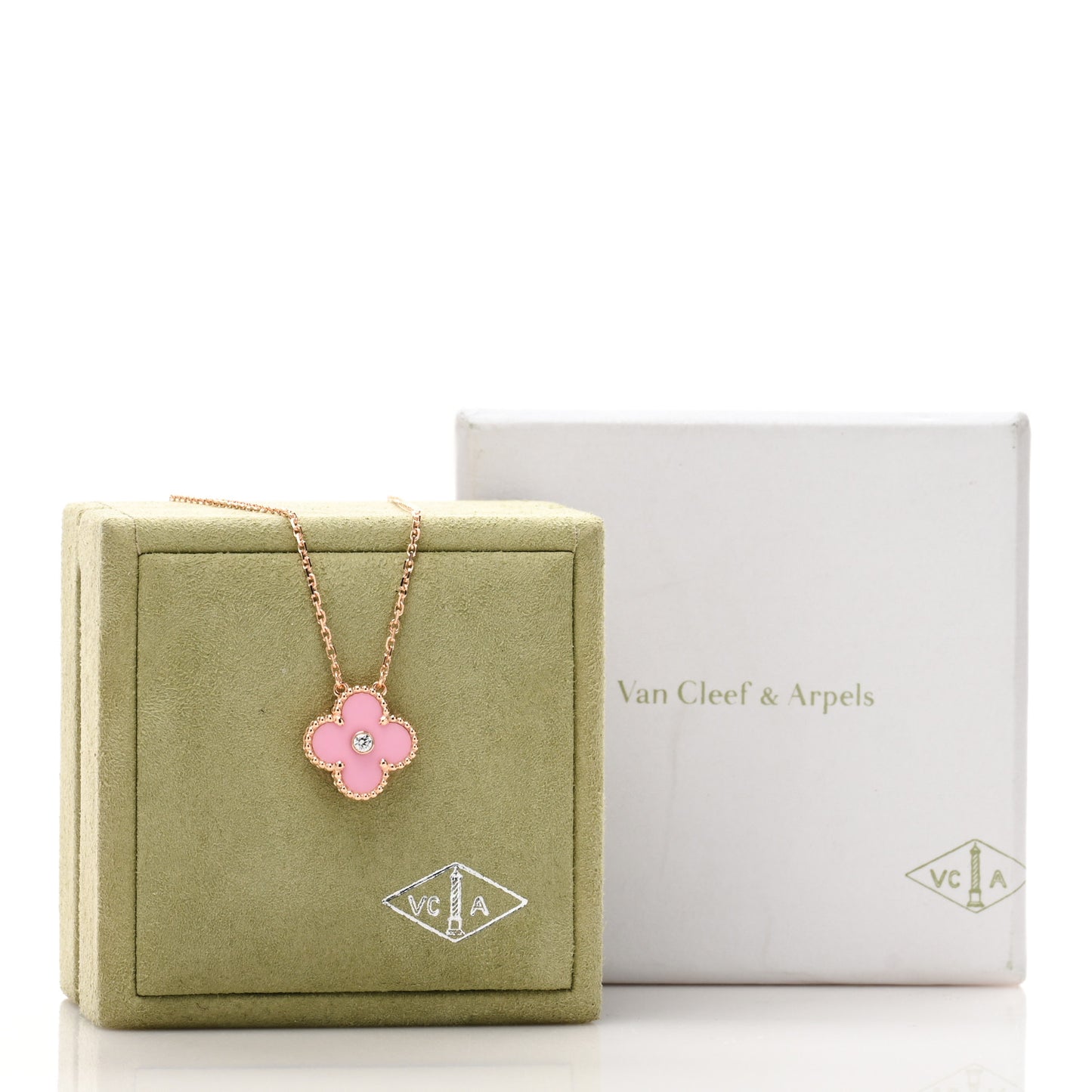 18K Rose Gold Diamond Pink Porcelain Vintage Alhambra Pendant Necklace