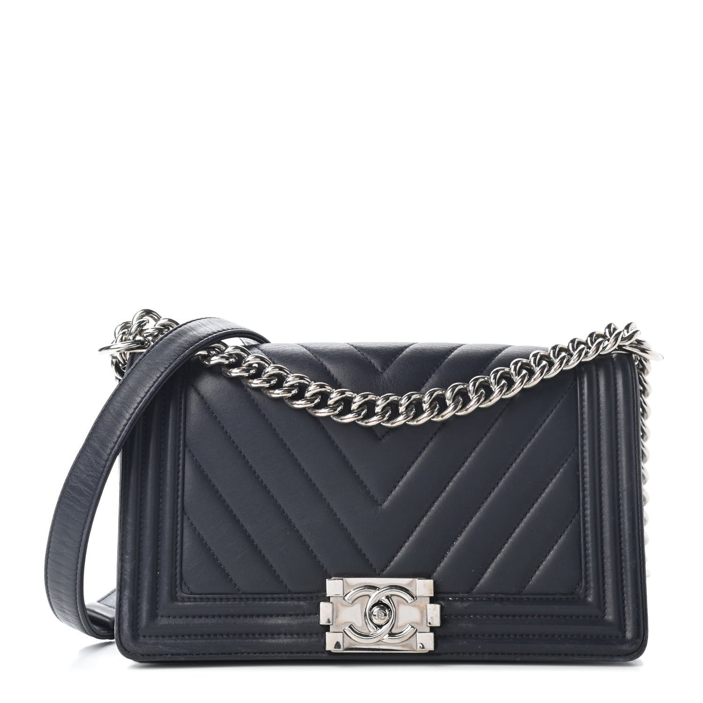 Calfskin Chevron Medium Boy Flap Navy