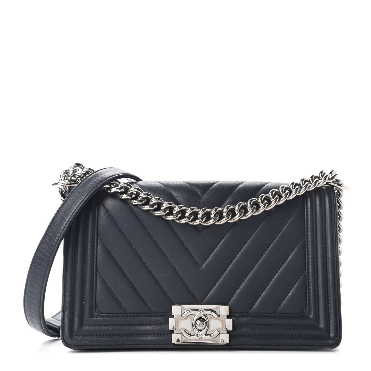 Chanel Calfskin Chevron Medium Boy Flap Navy 1 of 9