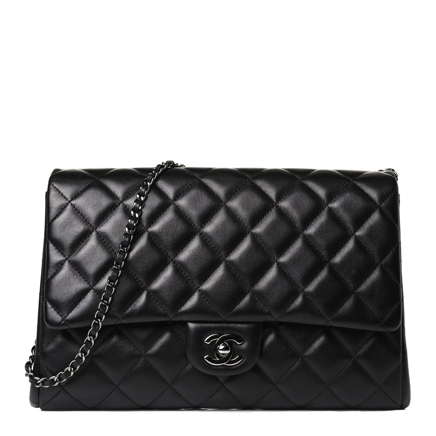Lambskin Quilted Clutch With Chain Flap Black
