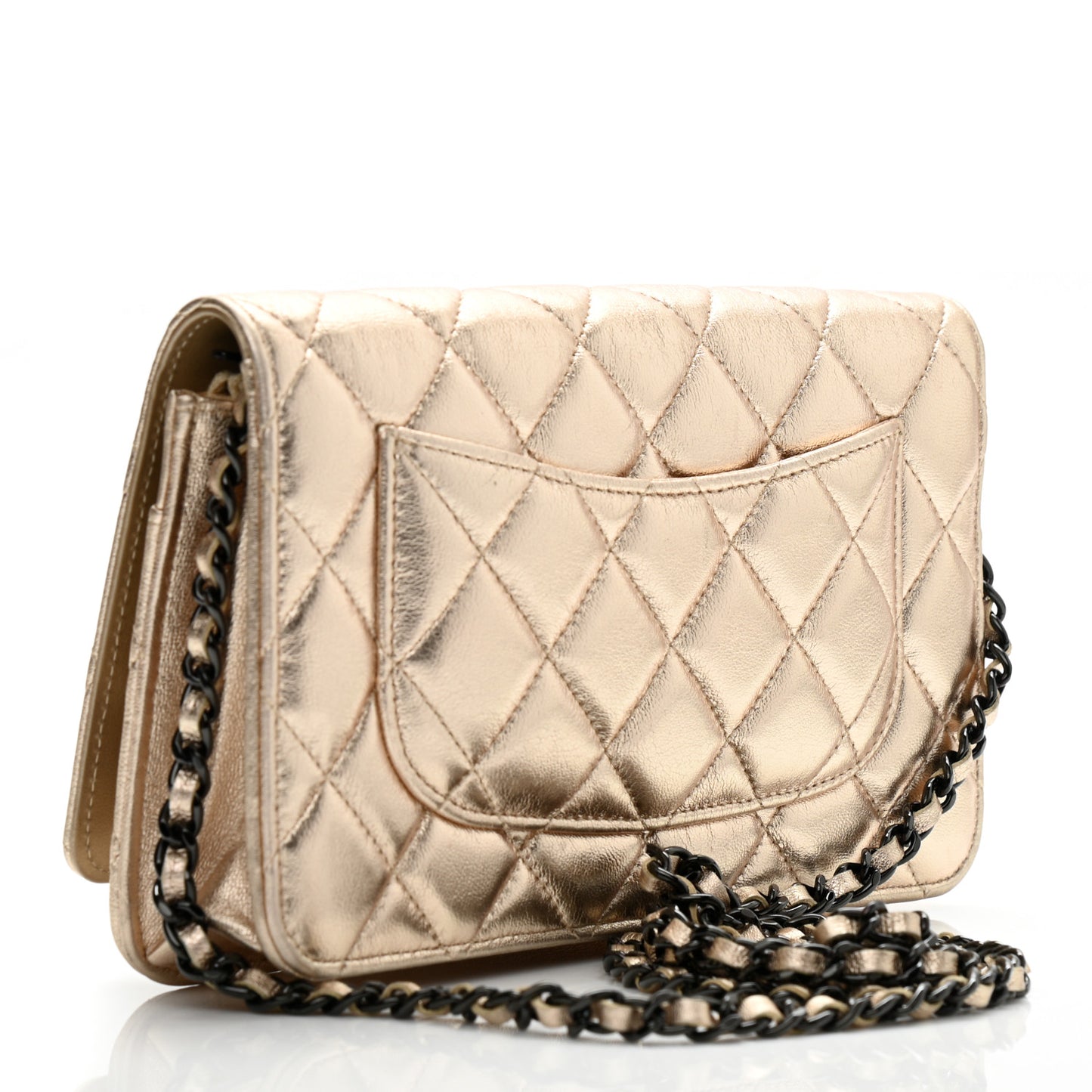 Metallic Lambskin Quilted Wallet On Chain WOC Gold Black