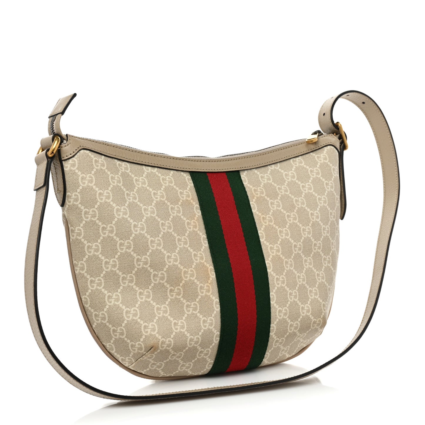GG Supreme Monogram Textured Dollar Calfskin Web Small Ophidia Half Moon Hobo Beige Mystic White Oatmeal