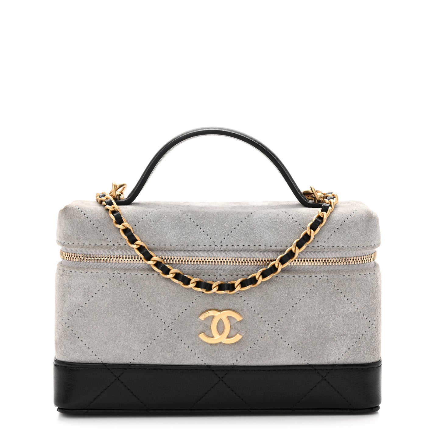 Suede Calfskin Shiny Lambskin Quilted Top Handle Slim Vanity Case With Chain Grey Black