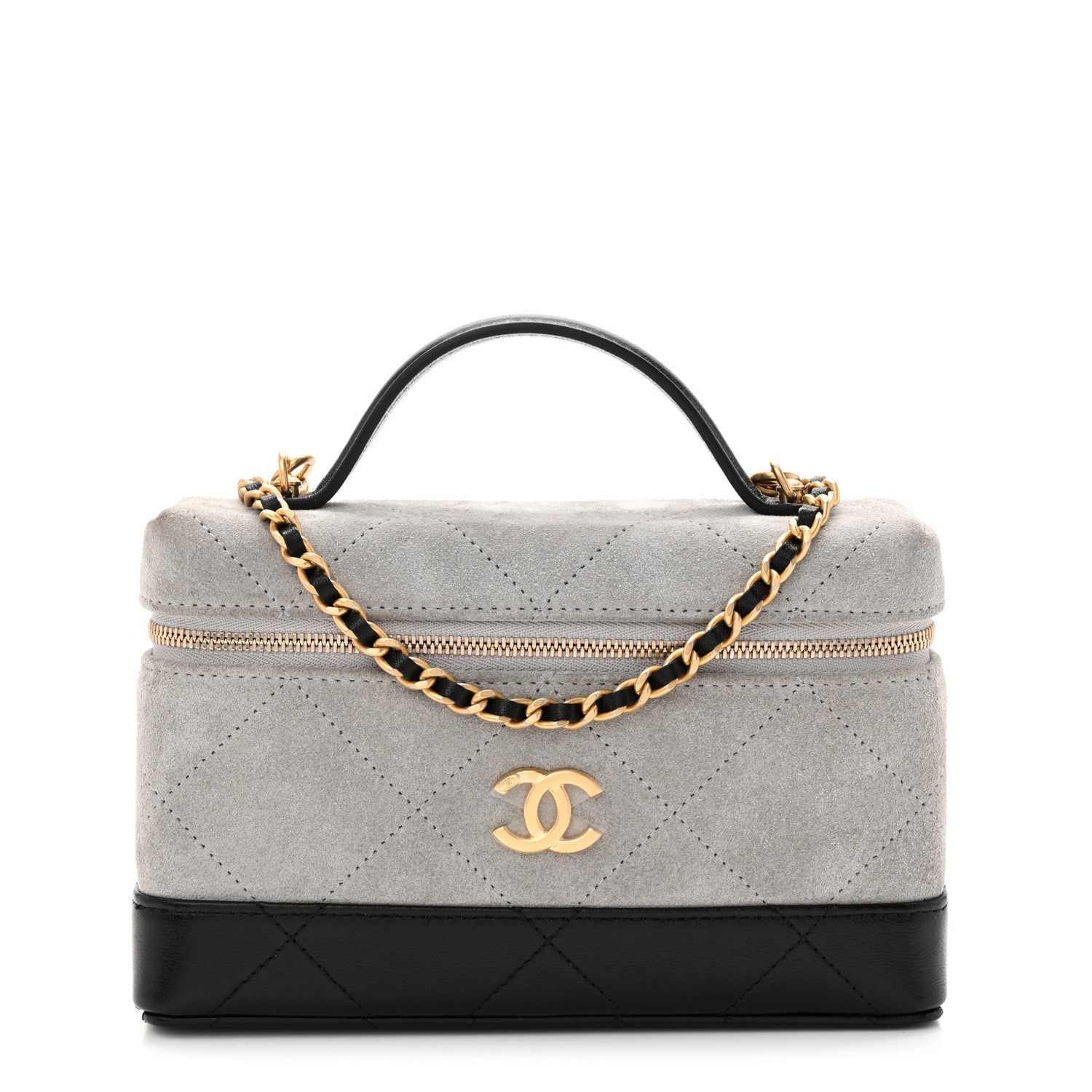 Chanel Suede Calfskin Shiny Lambskin Quilted Top Handle Slim Vanity Case With Chain Grey Black 1 of 13