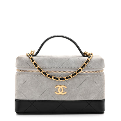 Chanel Suede Calfskin Shiny Lambskin Quilted Top Handle Slim Vanity Case With Chain Grey Black 1 of 13
