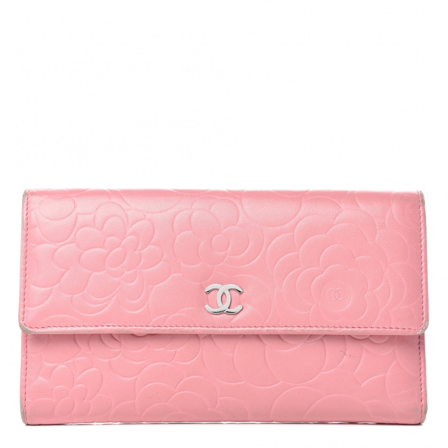 Lambskin Embossed Camellia Large Gusset Flap Wallet Pink