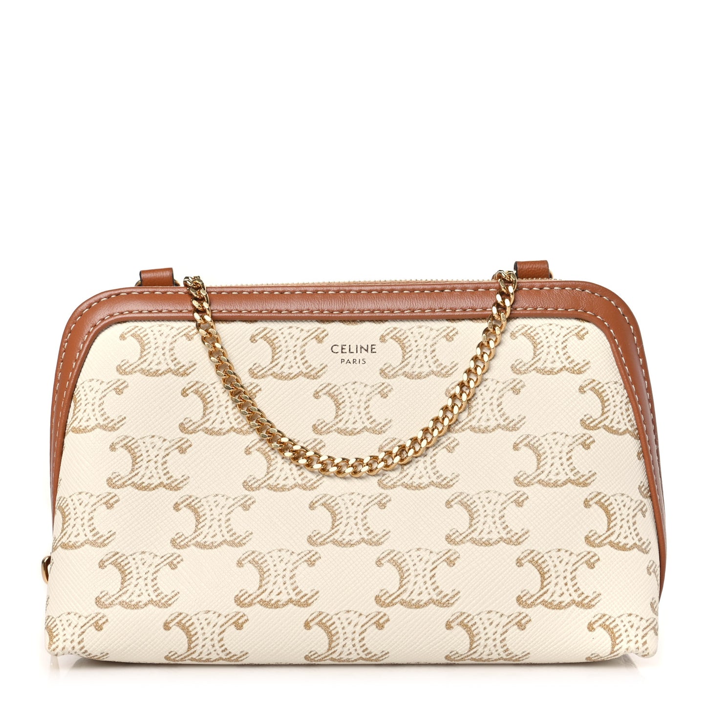 Lambskin Triomphe Canvas Clutch With Chain White Tan