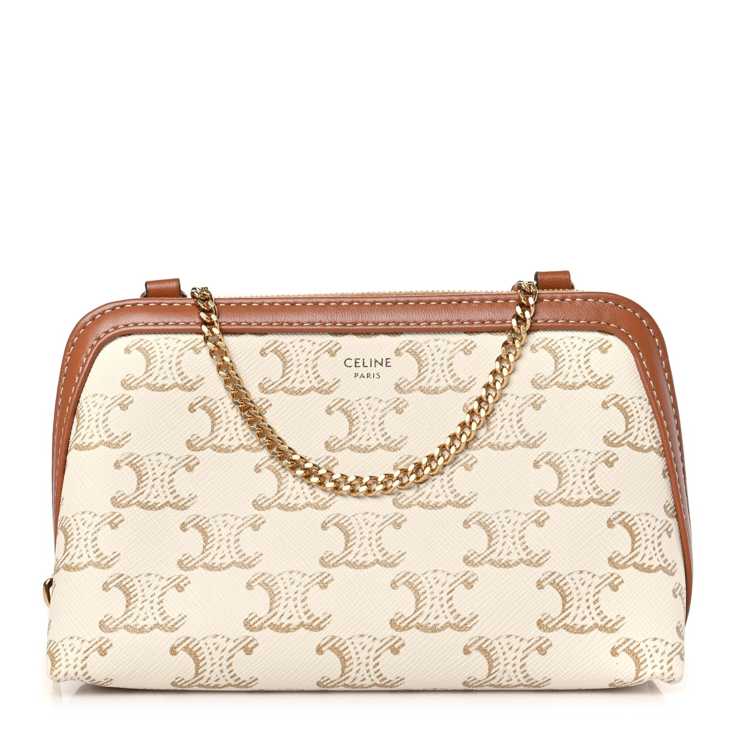 Celine Lambskin Triomphe Canvas Clutch With Chain White Tan 1 of 8