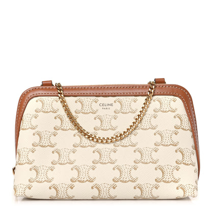 Celine Lambskin Triomphe Canvas Clutch With Chain White Tan 1 of 8