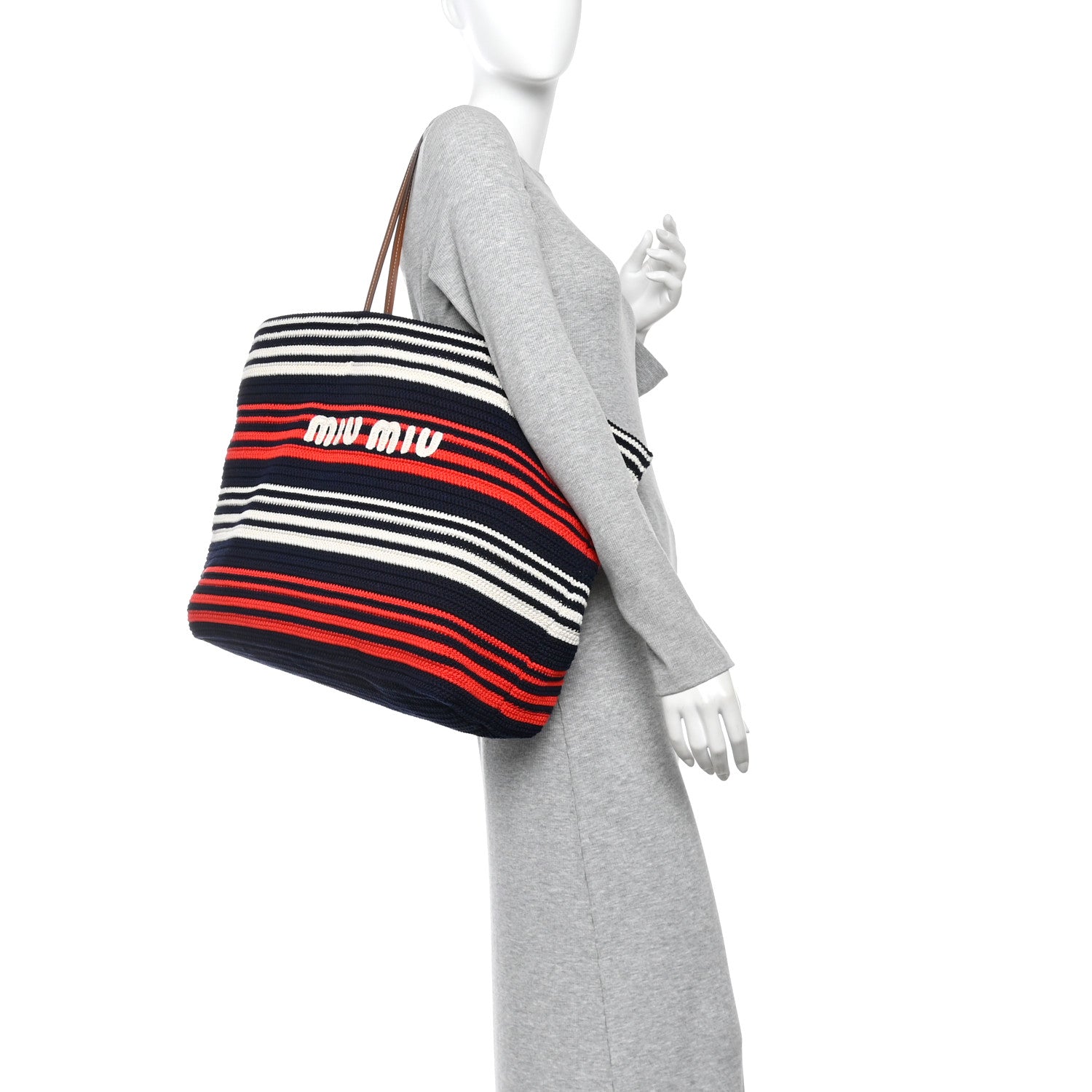 Miu Miu Fabric Crochet Striped Tote Bag Blue Red White 2 of 9