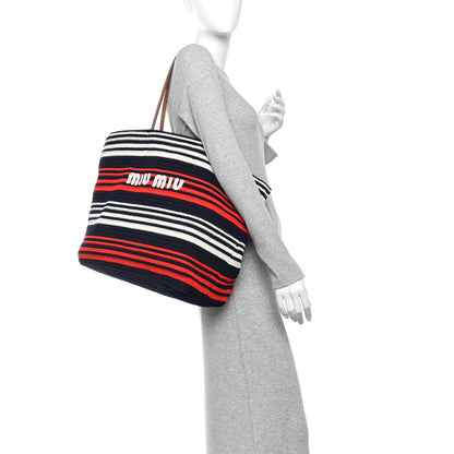 Miu Miu Fabric Crochet Striped Tote Bag Blue Red White 2 of 9